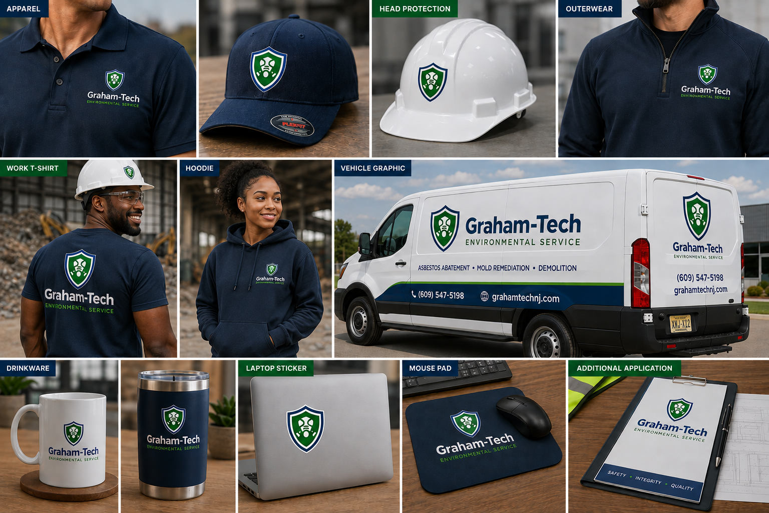 Graham-Tech brand shown on apparel, safety gear, vehicle graphics and merchandise